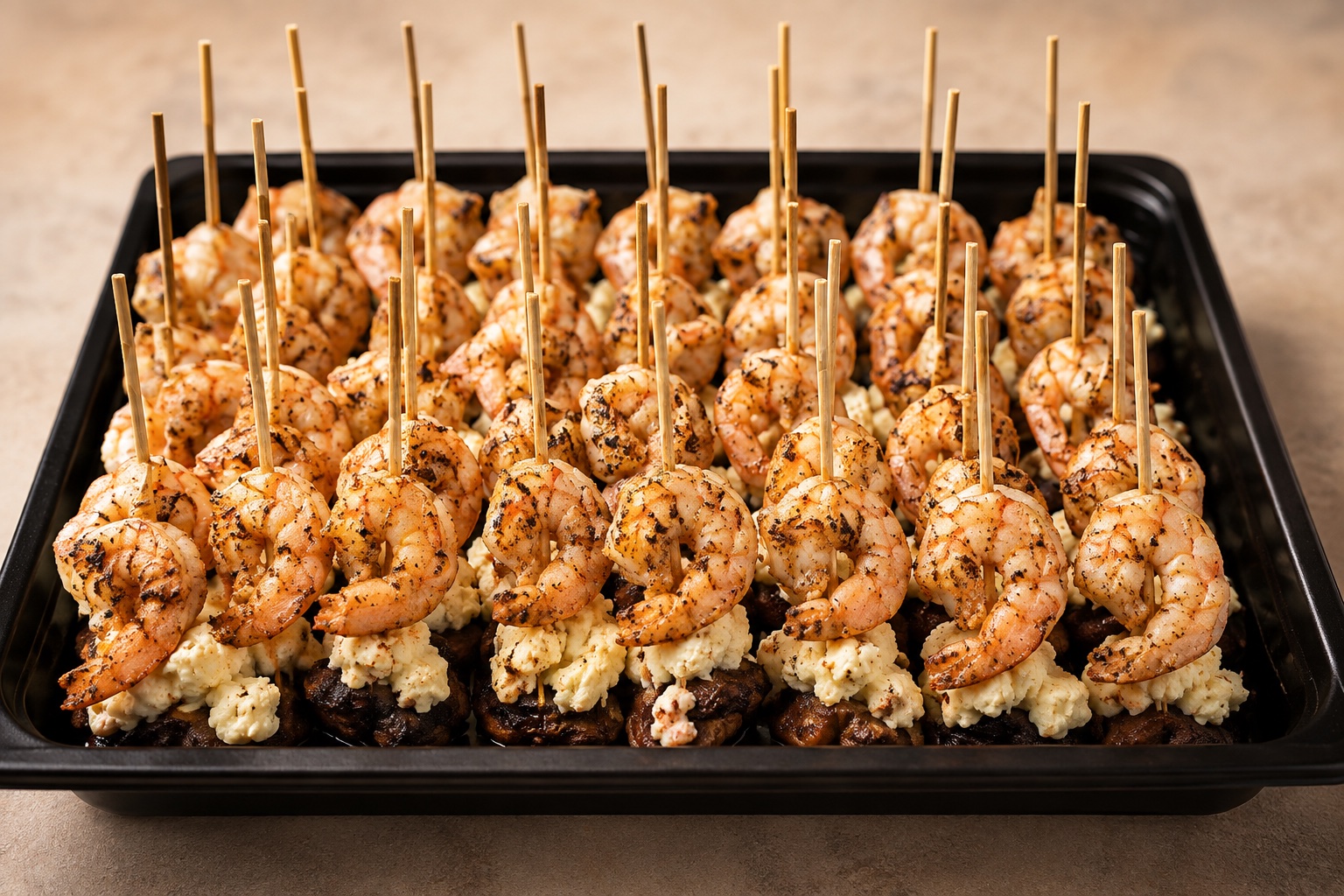 Seasoned shrimp skewers prepared for catering