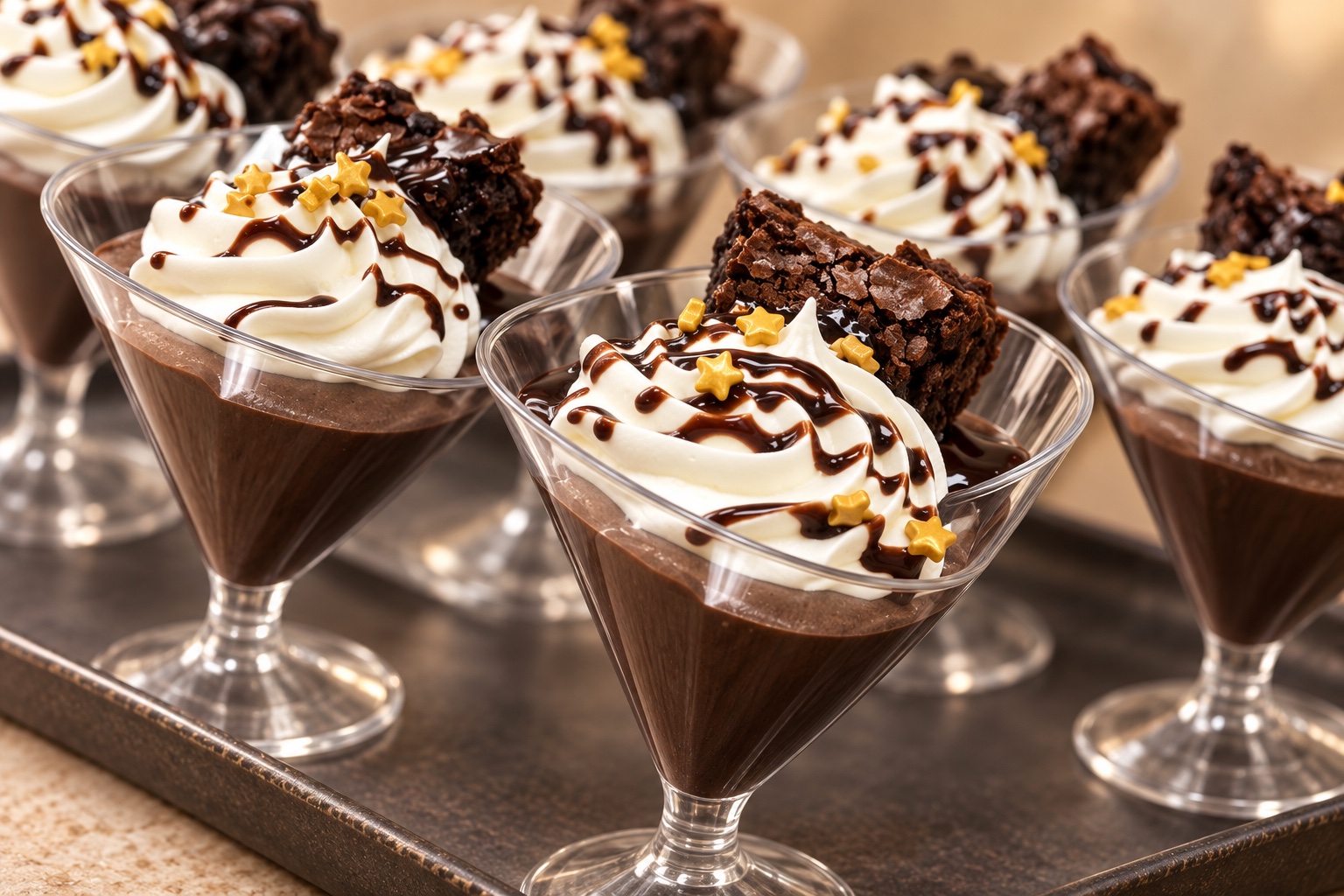 Chocolate dessert cups topped with cream and brownie bites