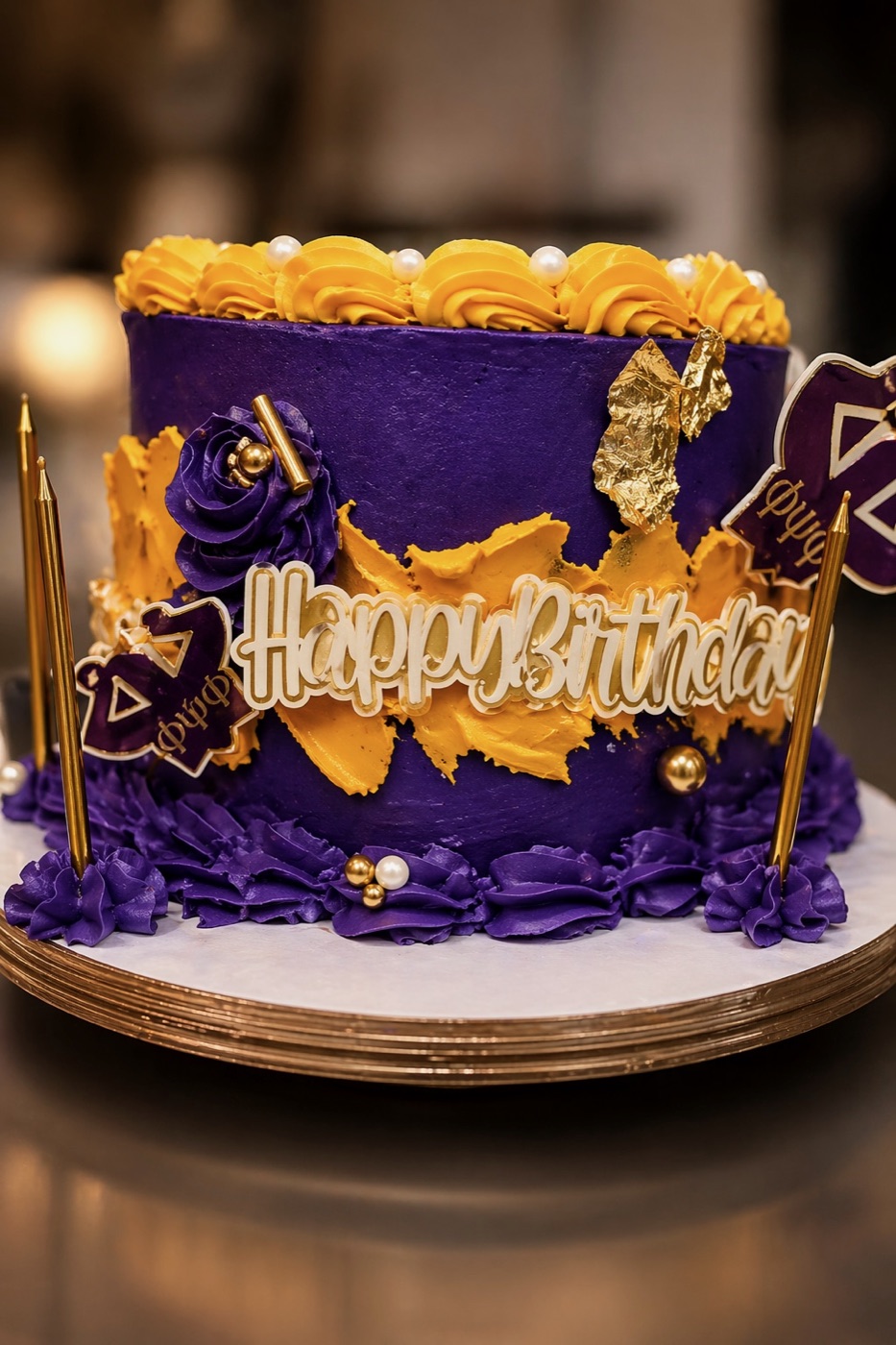 Purple and gold custom birthday cake