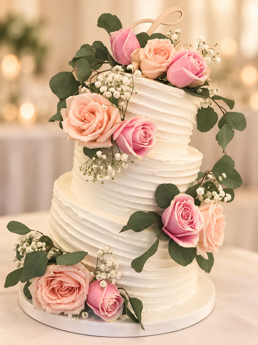 Three-tier wedding cake decorated with pink roses