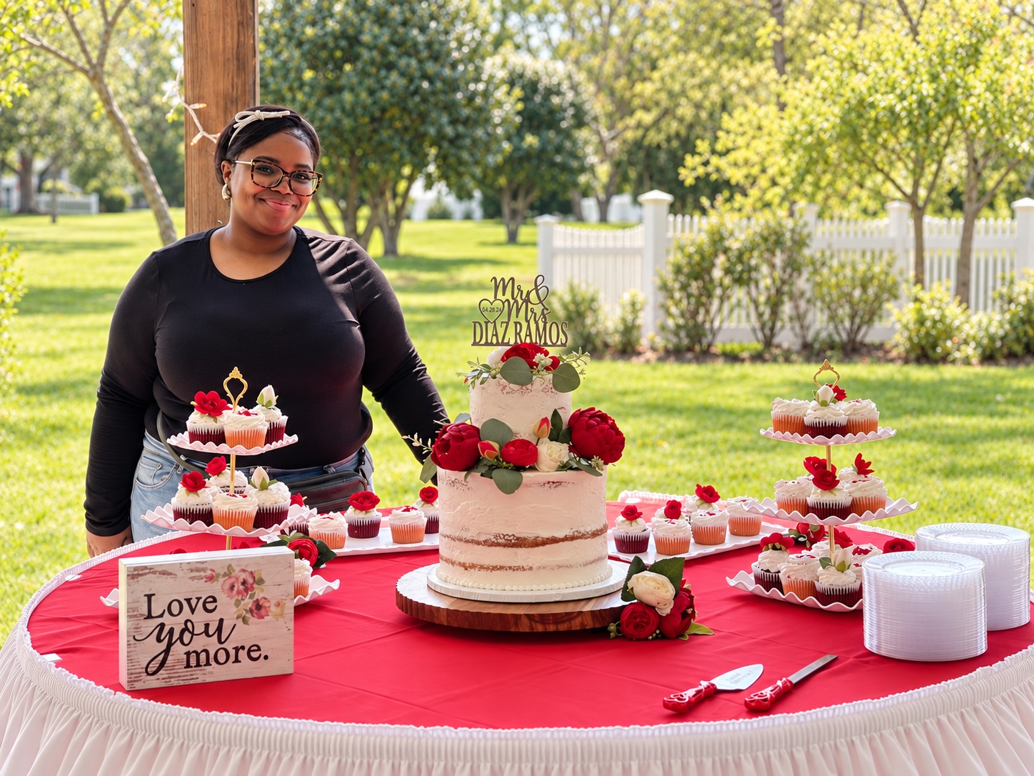 Mariah standing behind a wedding dessert display created by Sugar & Soul
