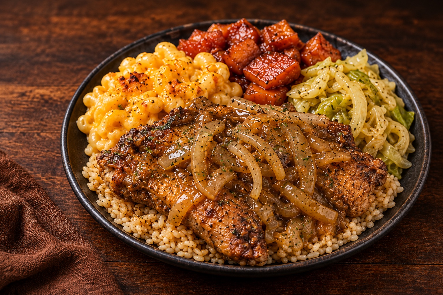 October pop-up dinner plate with smothered turkey wings, seasoned rice, baked macaroni and cheese, candied yams, and cabbage