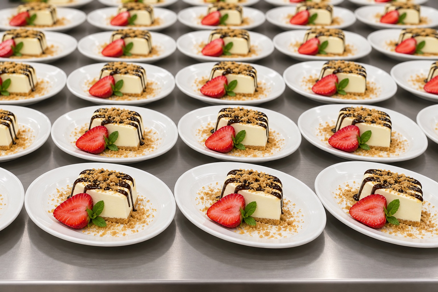 Rows of individually plated strawberry desserts