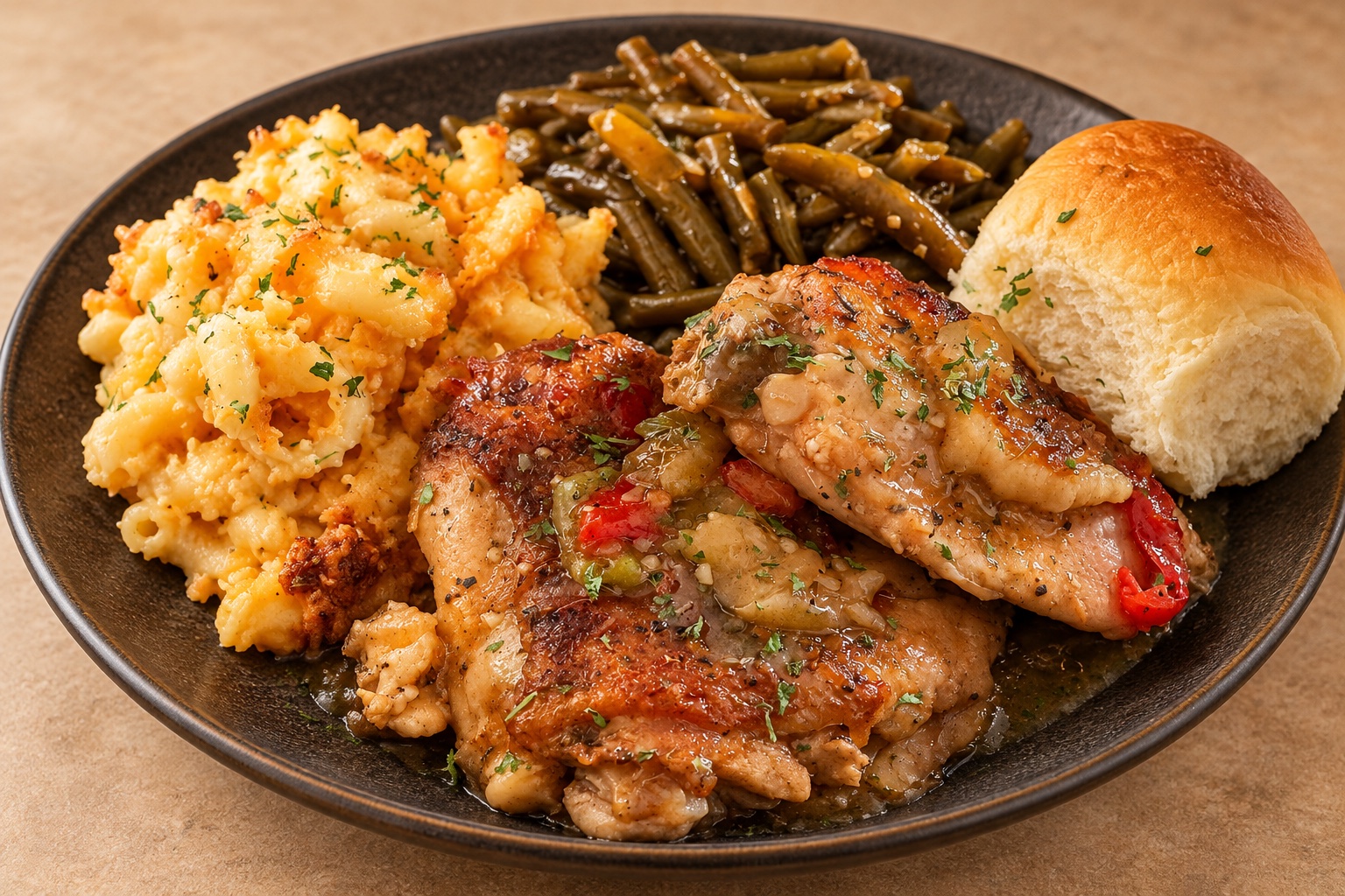 Complete soul food plate with chicken, macaroni and cheese, green beans, and a roll