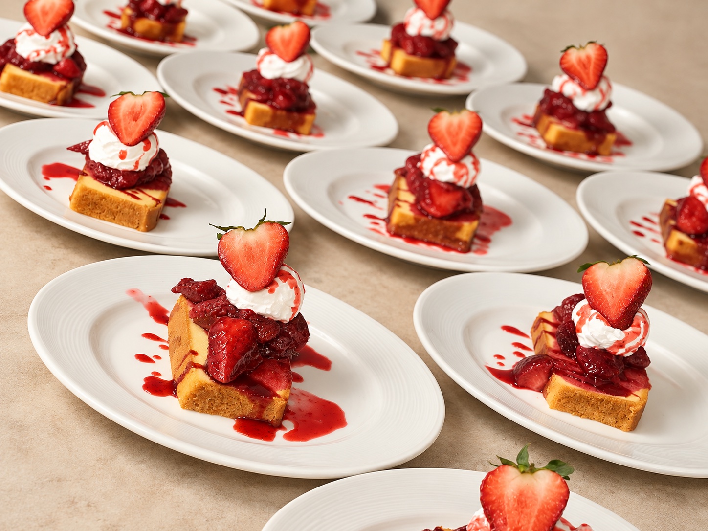 Individual strawberry cheesecake desserts prepared for an event